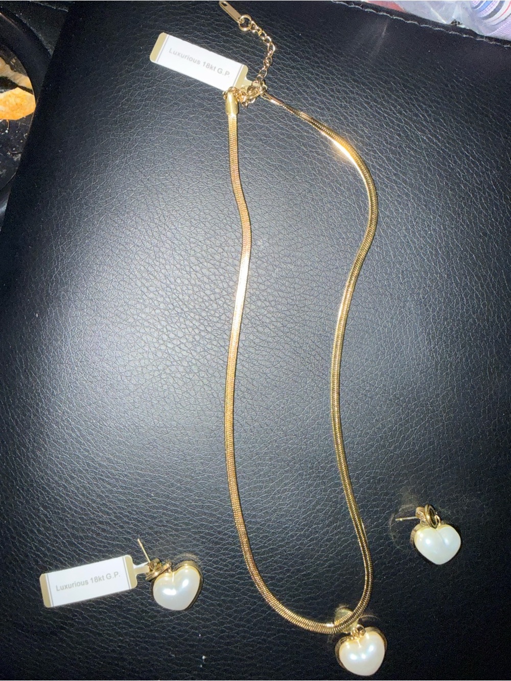 Gold-Tone Heart Pearl Pendant Necklace and Earring Set -18 k gold plated